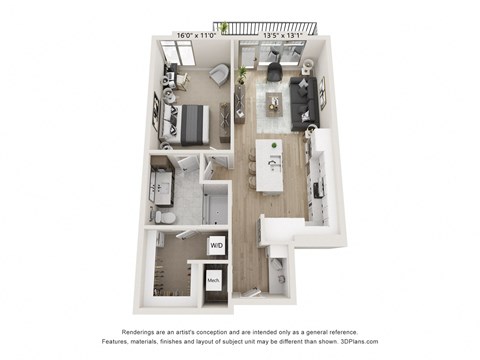 Floor plan for 1 bed, 1 bath, 802 sqft
